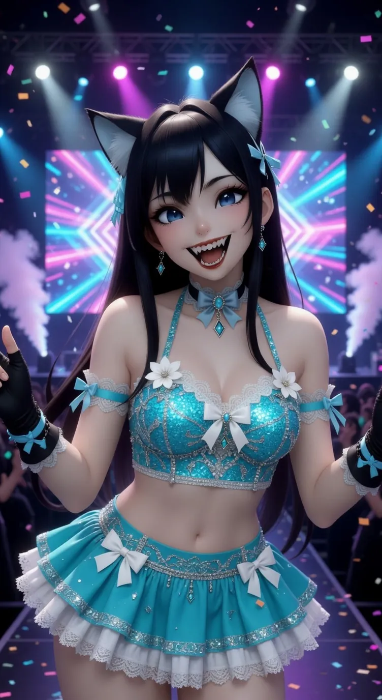 UwU Kitty on stage, grinning, under the lights