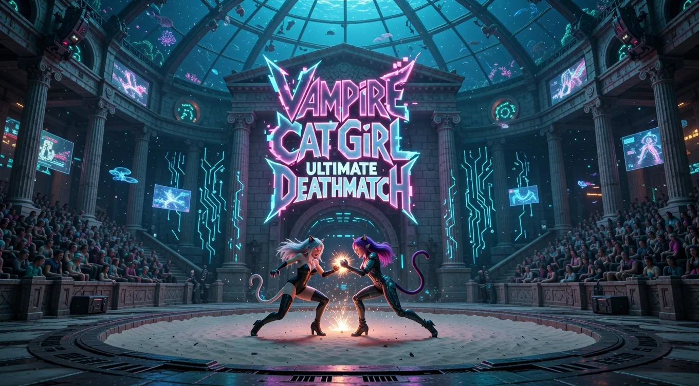 Two cat girls fighting in a neon arena - Vampire Cat Girl Ultimate Deathmatch